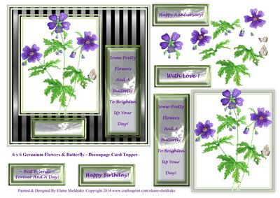 6 x 6 Geranium Flowers & Butterfly - Decoupage Card Topper