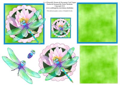 4 x 4 Dragonfly Dreams & Water Lily Decoupage Card Toppers