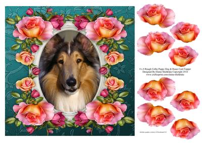 8 x 8 Rough Collie Dog & Roses Card Topper & Decoupage