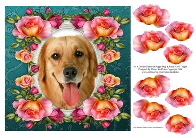 8 x 8 Golden Retriever Dog & Roses Card Topper & Decoupage