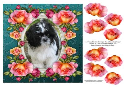 8 x 8 Nancy Shih Tzu Puppy Dog Roses Card Topper & Decoupage