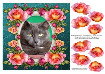 8 x 8 Orlando Grey Kitty Cat & Roses Card Topper & Decoupage