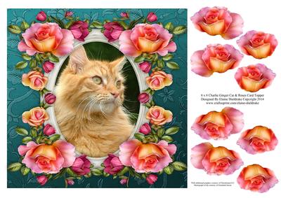8 x 8 Charlie Ginger Cat & Roses Card Topper & Decoupage