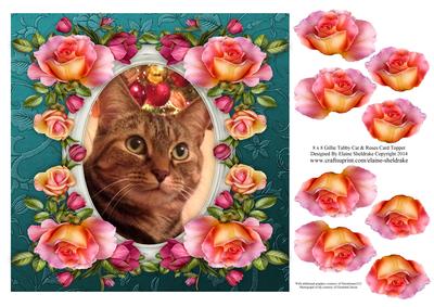 8 x 8 Gillie Tabby Cat & Roses Card Topper & Decoupage