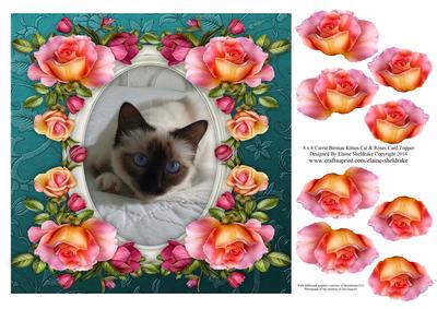 8 x 8 Carrie Birman Cat & Roses Card Topper & Decoupage