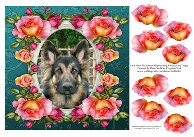 8 x 8 Storm GSD Dog & Roses Card Topper & Decoupage
