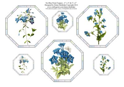 Six Blue Floral Toppers -three x 4" x 4" & Three x 2" x 2"