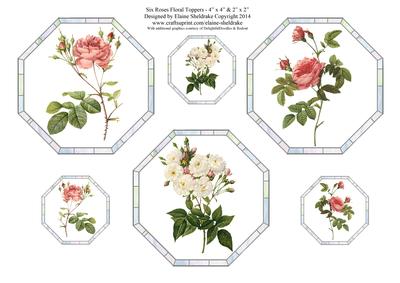 Six Rose Floral Toppers -three x 4" x 4" & Three x 2" x 2"