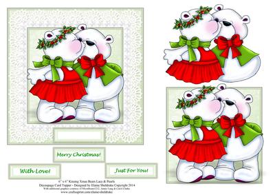 6 x 6 Kissing Xmas Bears Lace & Pearls Decoupage Card Topper