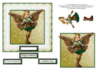 6 x 6 Steampunk Fairy 2 Lace & Pearls Decoupage Card Topper