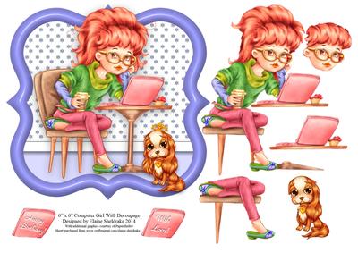 6" x 6" Computer Girl with Decoupage Card Topper