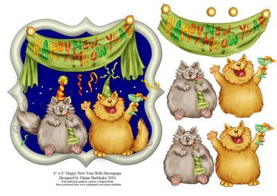 6" x 6" Happy New Year Cats with Decoupage Card Topper