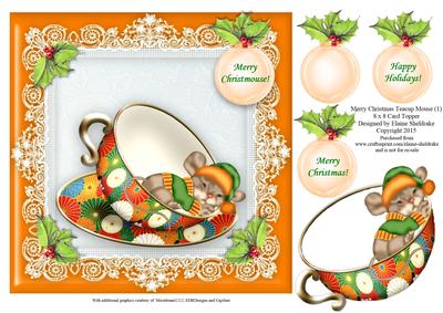 Merry Christmas Teacup Mouse (1) - 8" x 8" Card Topper