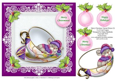 Merry Christmas Teacup Mouse (2) - 8" x 8" Card Topper