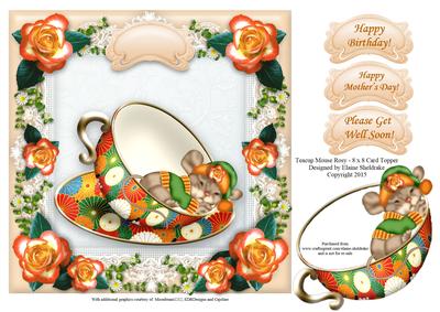Teacup Rosy Mouse - 8" x 8" Card Topper