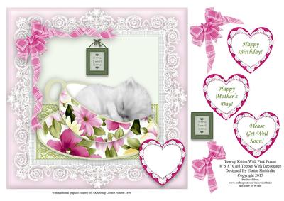 Teacup Kitten in Pink Frame - 8" x 8" Card Topper
