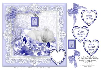 Teacup Kitten in Blue Frame - 8" x 8" Card Topper