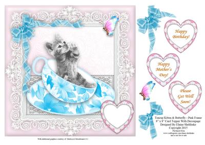 Teacup Kitten & Butterfly in Pink Frame - 8" x 8" Topper