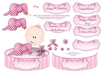 Baby Girl & Teddy Bear - Shaped Card Topper with Decoupage