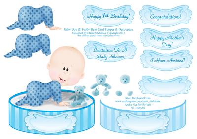 Baby Boy & Teddy Bear - Shaped Card Topper with Decoupage