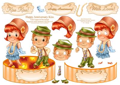 Anniversary Kiss - Shaped Card Topper with Decoupage