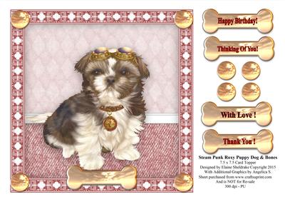 Steam Punk Roxy Puppy Dog 8" x 8" Card Topper with Bone Tags
