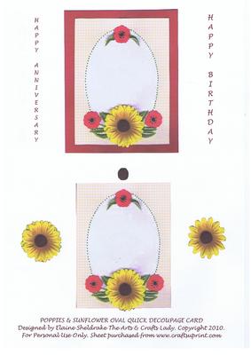 Poppies & Sunflower Oval Quick Decoupage Card Birthday Anniv