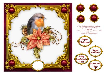 Christmas Robin & Poinsettias - 8" x 8" Card Topper