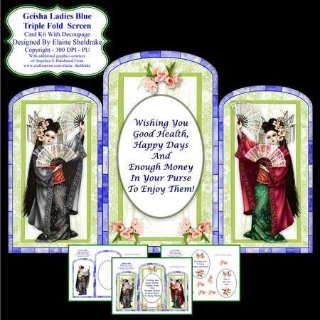 Triple Fold Geisha Blue Screen - Card Kit with Decoupage