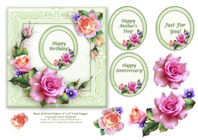 Roses & Sweet Violets - 6" x 6" Card Topper Decoupage & Tags