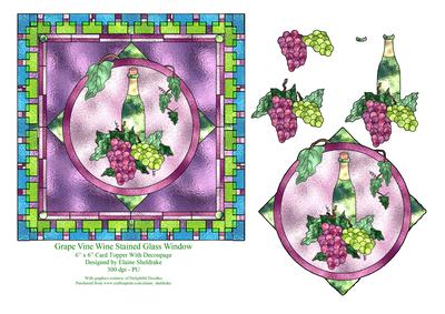Grape Vine Wine Stained Glass 6" x 6" Card Topper Decoupage