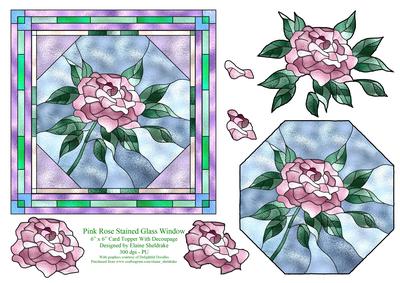 Pink Rose Stained Glass Window 6 x 6 Card Topper + Decoupage