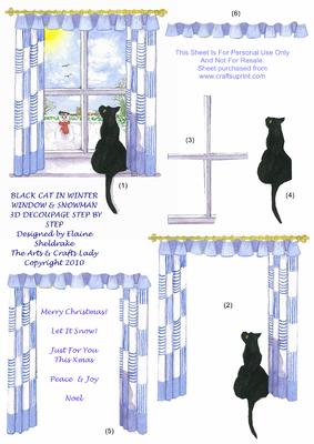 Black Cat in Winter Window & Snowman Christmas 3D Decoupage