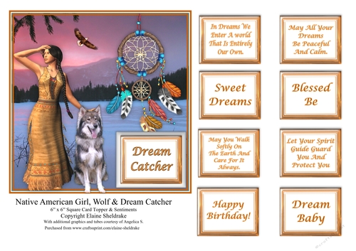 Native American Girl, Wolf & Dream Catcher - 6 x 6 Card Topper & Sentiments
