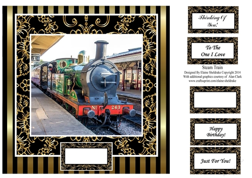 Black Gold Steam Train - Square Card Topper & Sentiments