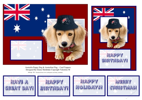 Australia Puppy Dog & Australian Flag - Card Toppers & Greetings
