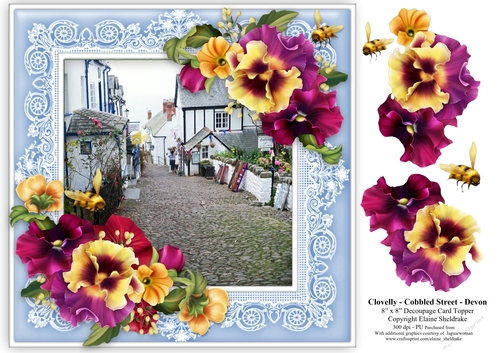 Clovelly Cobbled Street In Devon Village - 8 x 8 Floral Decoupage Card Topper