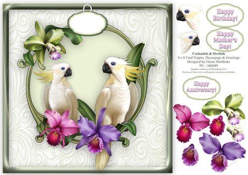 Cockatiels & Orchids - 8 x 8 Card Topper, Decoupage & Greetings Tags