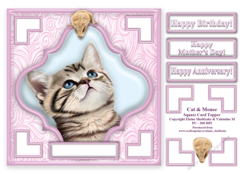 Cat & Mouse (1) - 7.5 x 7.5 Card Topper With Greetings & Decoupage