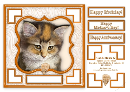 Cat & Mouse (2) - 7.5 x 7.5 Card Topper With Greetings & Decoupage