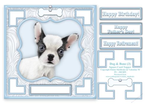  French Bulldog Dog & Bone (3) - 7.5 x 7.5 Card Topper With Greetings & Decoupage