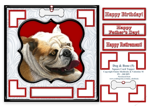 English Bulldog Dog & Bone (5) - 7.5 x 7.5 Card Topper With Greetings & Decoupage