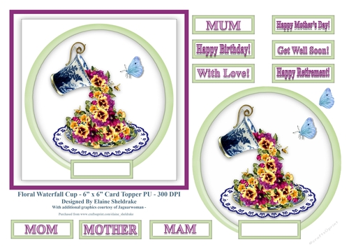 Floral Waterfall Teacup (1) - 6 x 6 Toppers For Mums & Females
