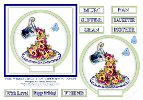 Floral Waterfall Teacup (2) - 6 x 6 Toppers For Mums & Females