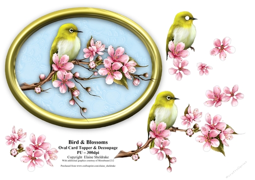 Bird & Blossoms - 7 x 5 Decoupage Card Topper