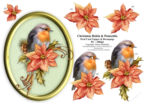 Christmas Robin & Poinsettia - 5 x 7 Oval decoupage Card Topper