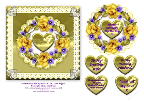 Golden Roses For My Love - 6 x 6 Topper for Birthday, Anniversary, Valentine etc.