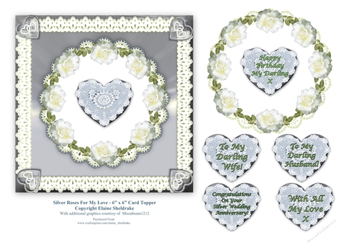 Silver Roses For My Love - 6 x 6 Topper for Birthday, Anniversary, Valentine etc.