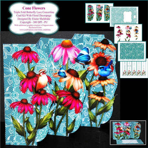 Cone Flowers Butterfly Lace 3 Fold Concertina Kit, Assorted Greetings, Decoupage, Envelope