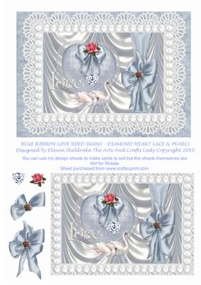 Blue Ribbon Love Bird Swans - Diamond Heart Lace & Pearls